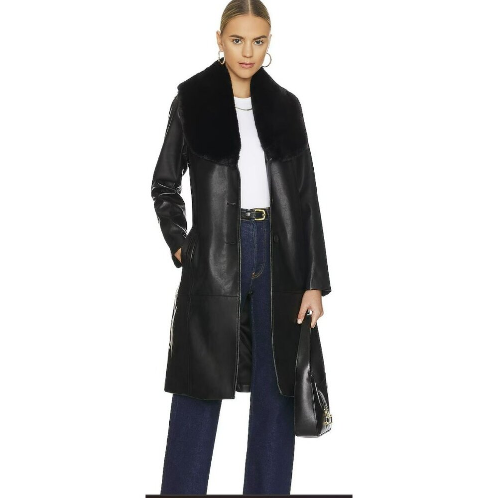 Revolve Blank NYC Black Fur Trench Coat Large Vegan Faux Leather Jacket NWT - Picture 3 of 11